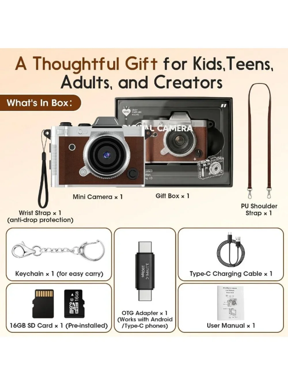 Retro Mini Digital Keychain Camera, 2K HD Resolution, 16GB Storage, Brown